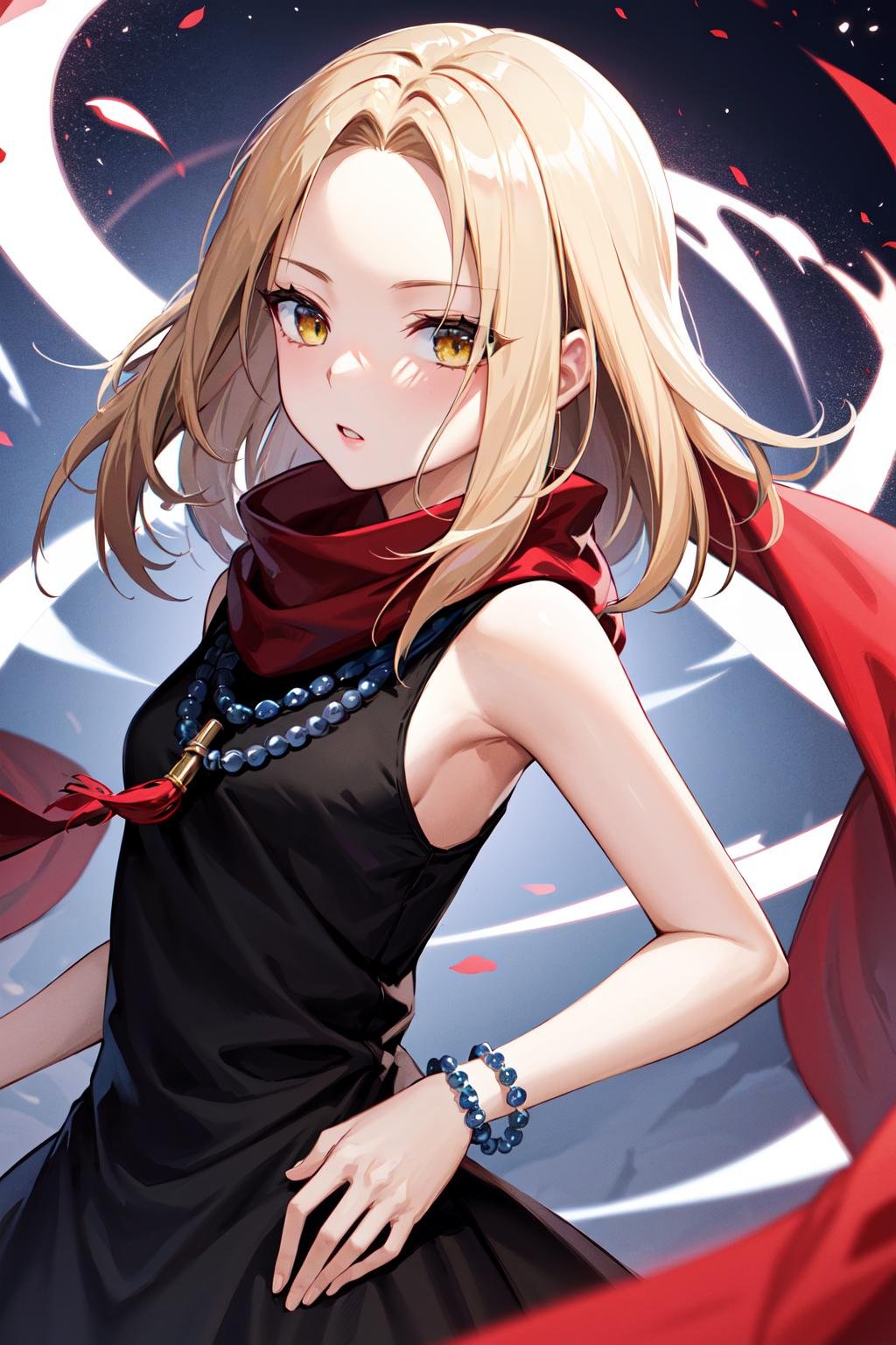 masterpiece, best quality, highres, kaa, yellow eyes, black dress, bead necklace, sleeveless, bracelet, red scarf, <lora:kyouyama_anna_v1:0.7>, magic, command spell, 