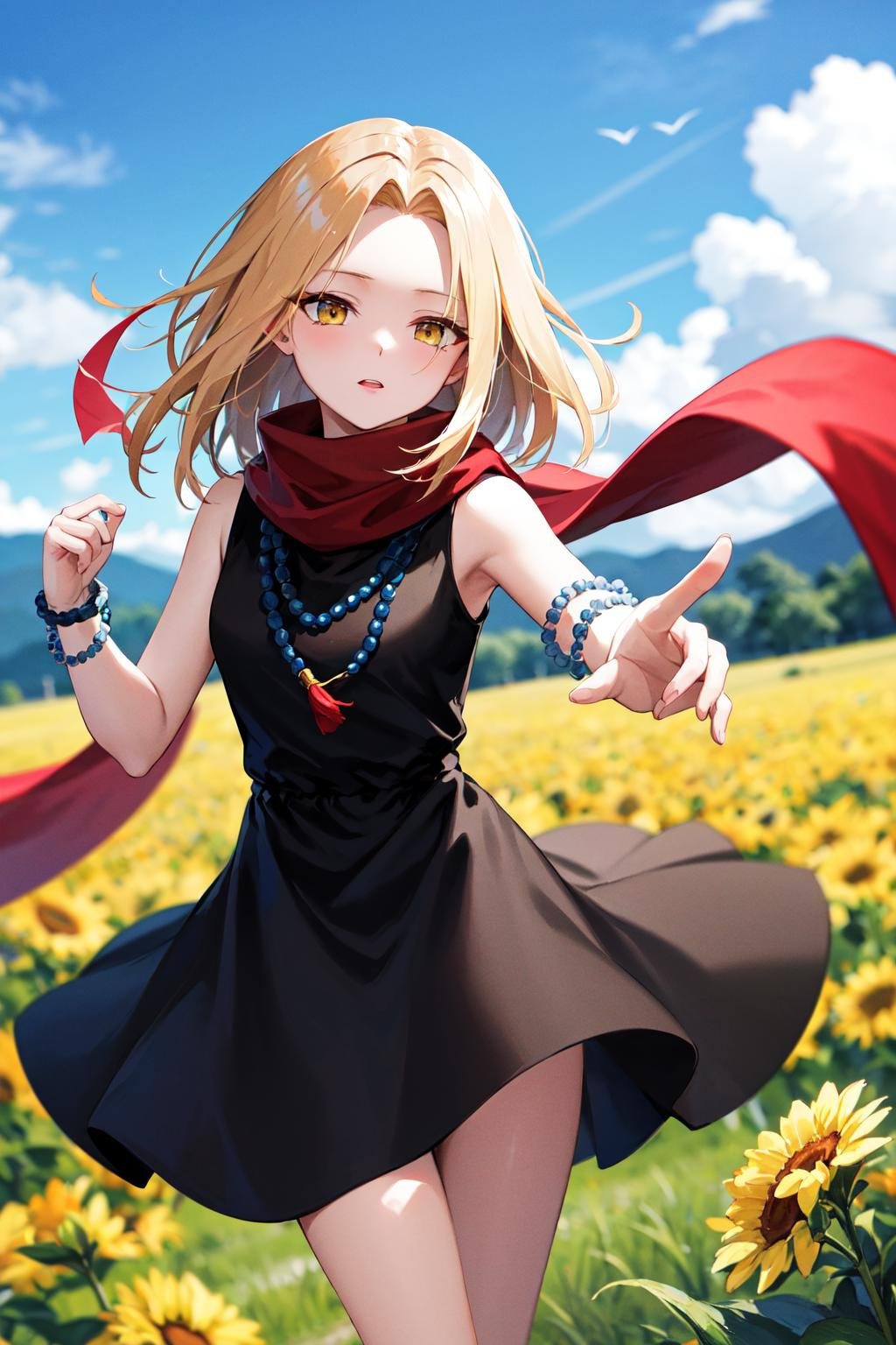 masterpiece, best quality, highres, kaa, yellow eyes, black dress, bead necklace, sleeveless, bracelet, red scarf, <lora:kyouyama_anna_v1:0.7>, field, reaching out, 