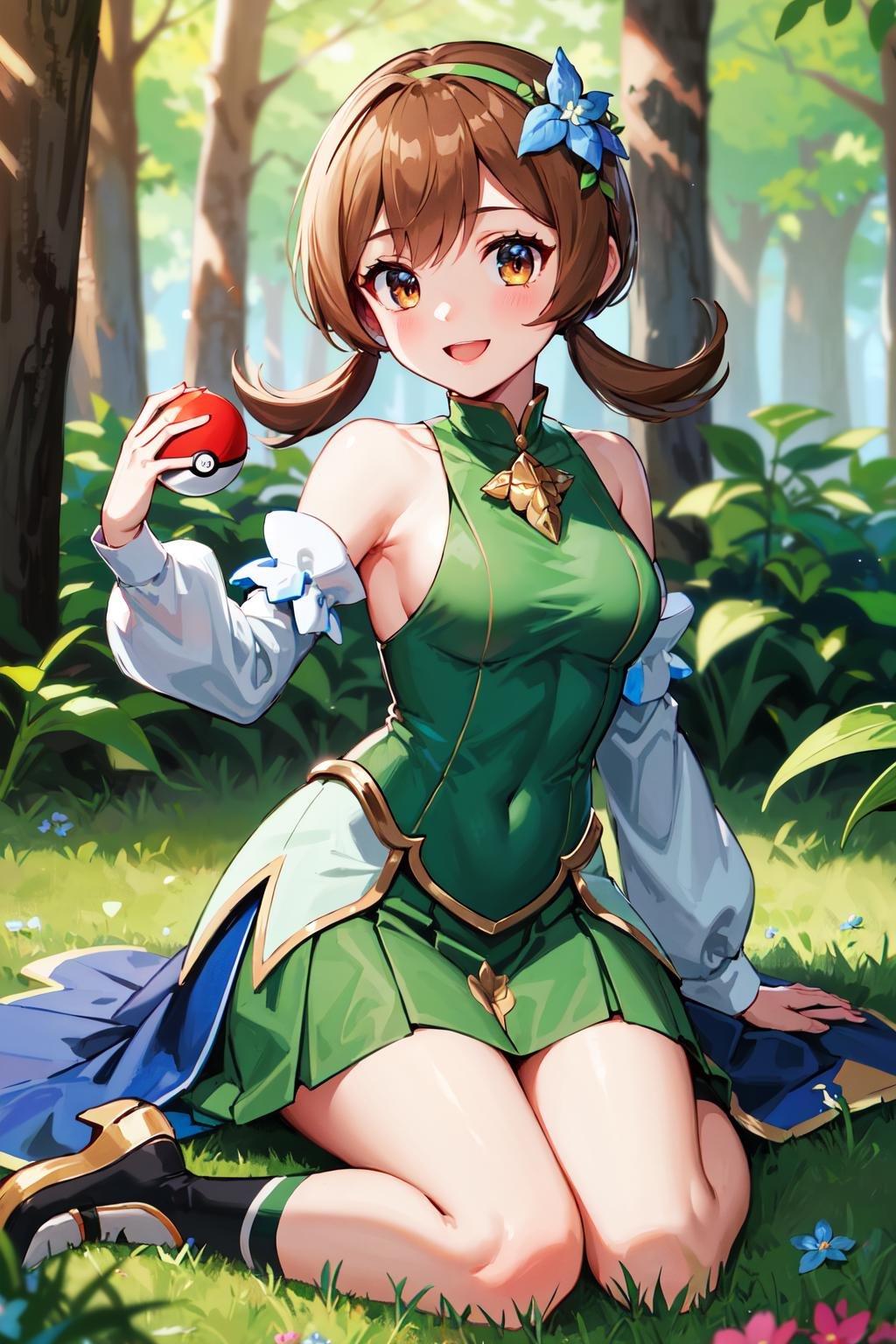 masterpiece, best quality, highres,ly02, hair flower, blue flower, twintails, detached sleeves, green dress, bare shoulders, green skirt, eyelashes, hairband, <lora:lyra_v1:0.6>, wariza, forest, smile, poke ball, 