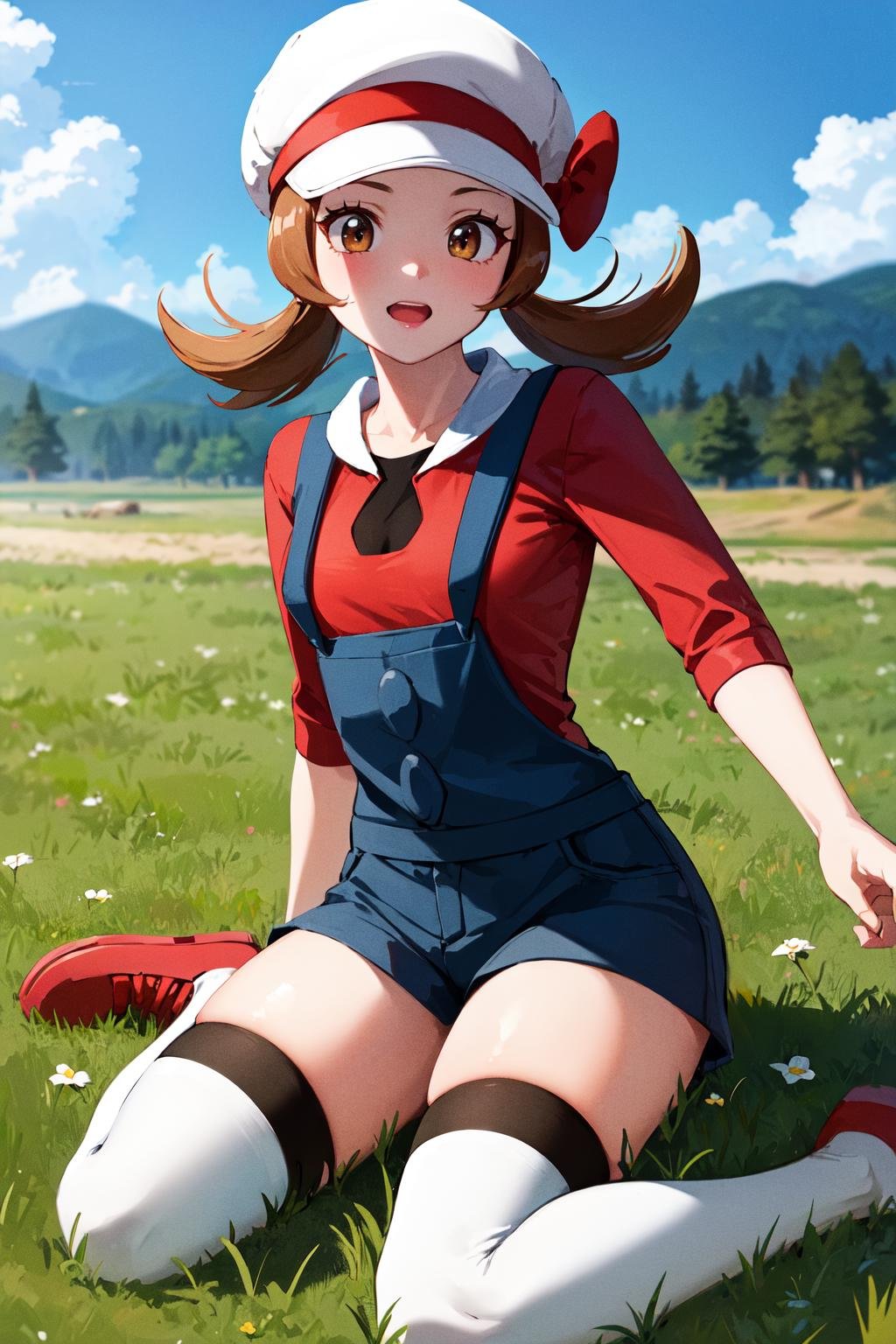 masterpiece, best quality, highres, ly01, overalls, white thighhighs, red bow, red shirt, white headwear, hat bow, eyelashes, <lora:lyra_v1:0.6>, wariza, field, grass