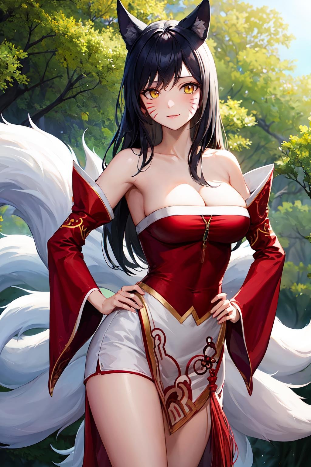 masterpiece, best quality, highres, ah1, facial mark, multiple tails, fox tails, korean clothes, cleavage, bare shoulders, detached sleeves, <lora:ahri_v10:0.7>, outdoors, standing, hand on hip, cowboy shot,