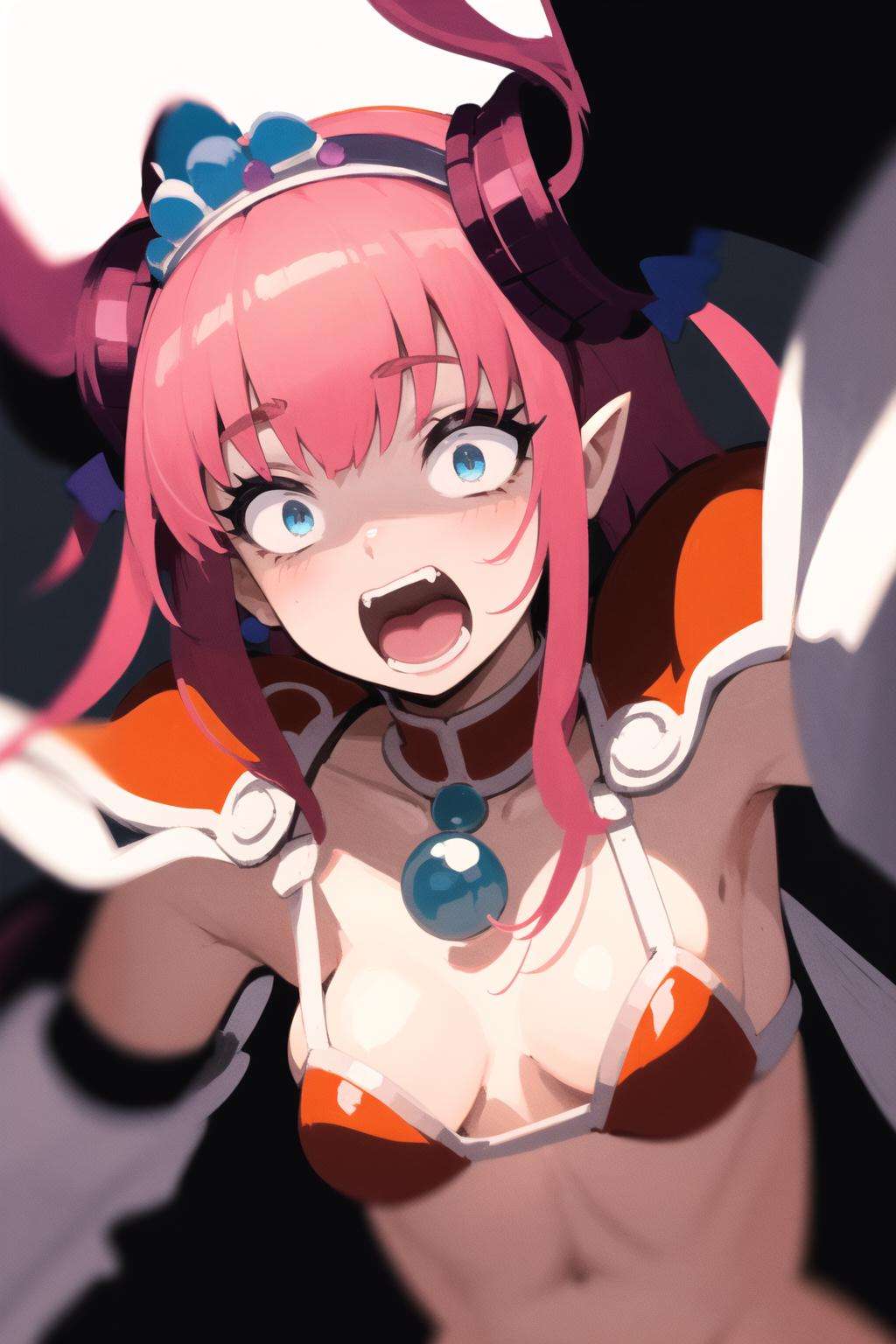 <lora:constricted_pupils_v0.2a:1.0> 1girl, constricted pupils, face, open mouth, <lora:elizabeth_bathory_armor_v1.1:1> elizabeth bathory \(fate\), bikini armor,, masterpiece, best quality, highly detailed