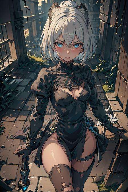 ((best quality)), ((masterpiece)), (detailed), ultra detailed, 1girl, solostare, looking at viewer, (interview:1.3), (dark background, the ruined city:1.3)ultra detailed, 1girl, solo<lora:Eternal2Bv2:0.7>yorha no. 2 type b, <lora:ASTYLEMERGE:1>