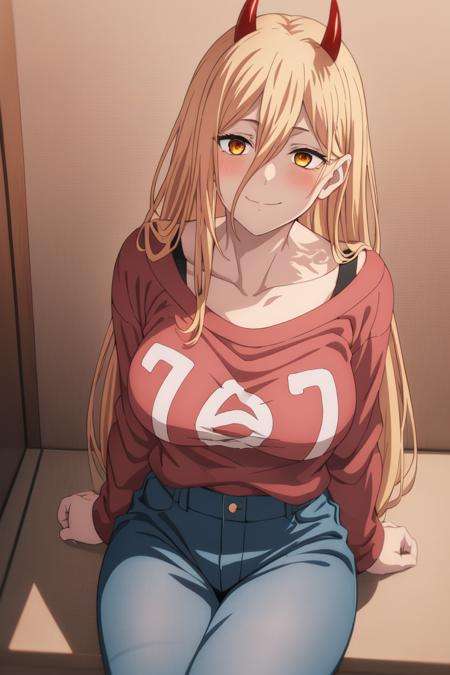 BoBa1girl, blonde_hair, blush, breasts, collarbone, hair_between_eyes, horns, long_hair, looking_at_viewer, red_horns, red_shirt, shirt, smile, solo, yellow_eyes, circle_eyes<lora:BoBaV1:0.8>