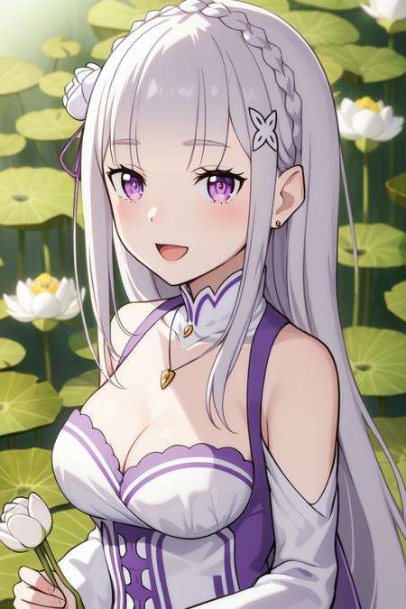 Emilia <lora:EmiliaV2:0.7>masterpiece, best quality,1girl, :d, bangs, bare_shoulders, blush, bouquet, braid, breasts, cleavage, daisy, earrings, emilia_\(re:zero\), eyebrows_visible_through_hair, floral_background, flower, hair_flower, hair_ornament, holding, holding_bouquet, holding_flower, jewelry, lily_\(flower\), lily_pad, long_hair, looking_at_viewer, lotus, medium_breasts, necklace, open_mouth, pendant, purple_eyes, ribbon, silver_hair, single_braid, smile, solo, tulip, upper_body, white_flower, white_rose