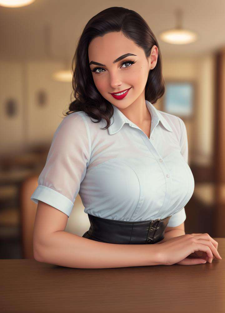 waist up portrait photo of (gldot),  Environmental picture of a highly detailed of a at a diner,  smiling by BRASILEIRO AL...