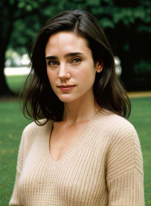 JenniferConnelly,  clean skin(closeup) looking at viewer wearing sweater,  midriff by BRASILEIRO ALIEN on Tensor.Art