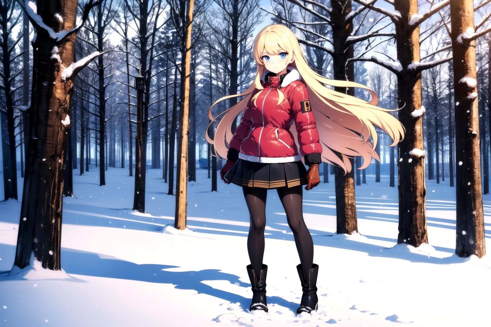 masterpiece best quality, winter landscape, 1girl, puffy jacket, blonde hair, long hair, blue eyes, cold, gloves, pantyhose, leather boots, full shot, full body, skirt, standing, arms at sides