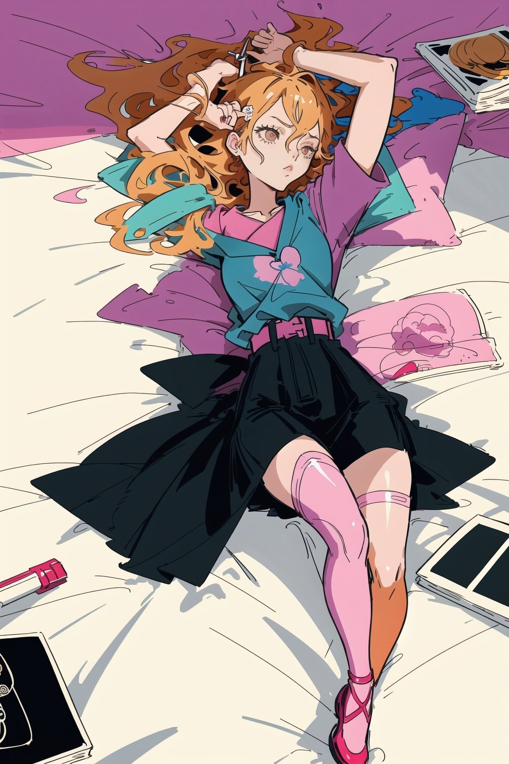 style of Tomer Hanuka, style of Erin Hanson, Girl, quentin tarantino aesthetic, anime style, in bed, Illustration, Ink, oil, thematic background, ambient enviroment,candystyle