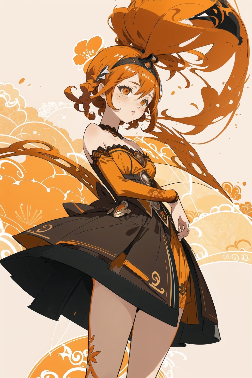 style of Beatrix Potte, artwork by legends of runeterra, anime, biracial girl, short orange hair, freckles, orange lace ensemble by intimissimi, semirealism, Illustration, Character Design, Ink, oil, thematic background, ambient enviroment,candystyle