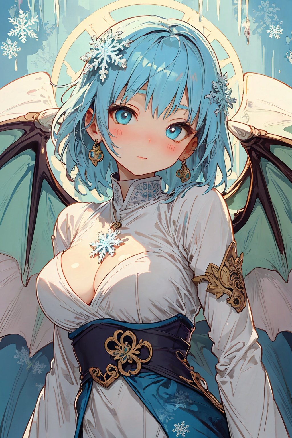 ((best quality)), ((masterpiece)), ((ultra-detailed)), extremely detailed CG, (illustration), ((detailed light)), (an extremely delicate and beautiful), a girl, solo, ((upper body,)), ((cute face)), expressionless, (beautiful detailed eyes), blue dragon eyes, (Vertical pupil:1.2), white hair, shiny hair, colored inner hair, (Dragonwings:1.4), [Armor_dress], blue wings, blue_hair ornament, ice adorns hair, [dragon horn], depth of field, [ice crystal], (snowflake), [loli], [[[[[Jokul]]]]],new_blue_b