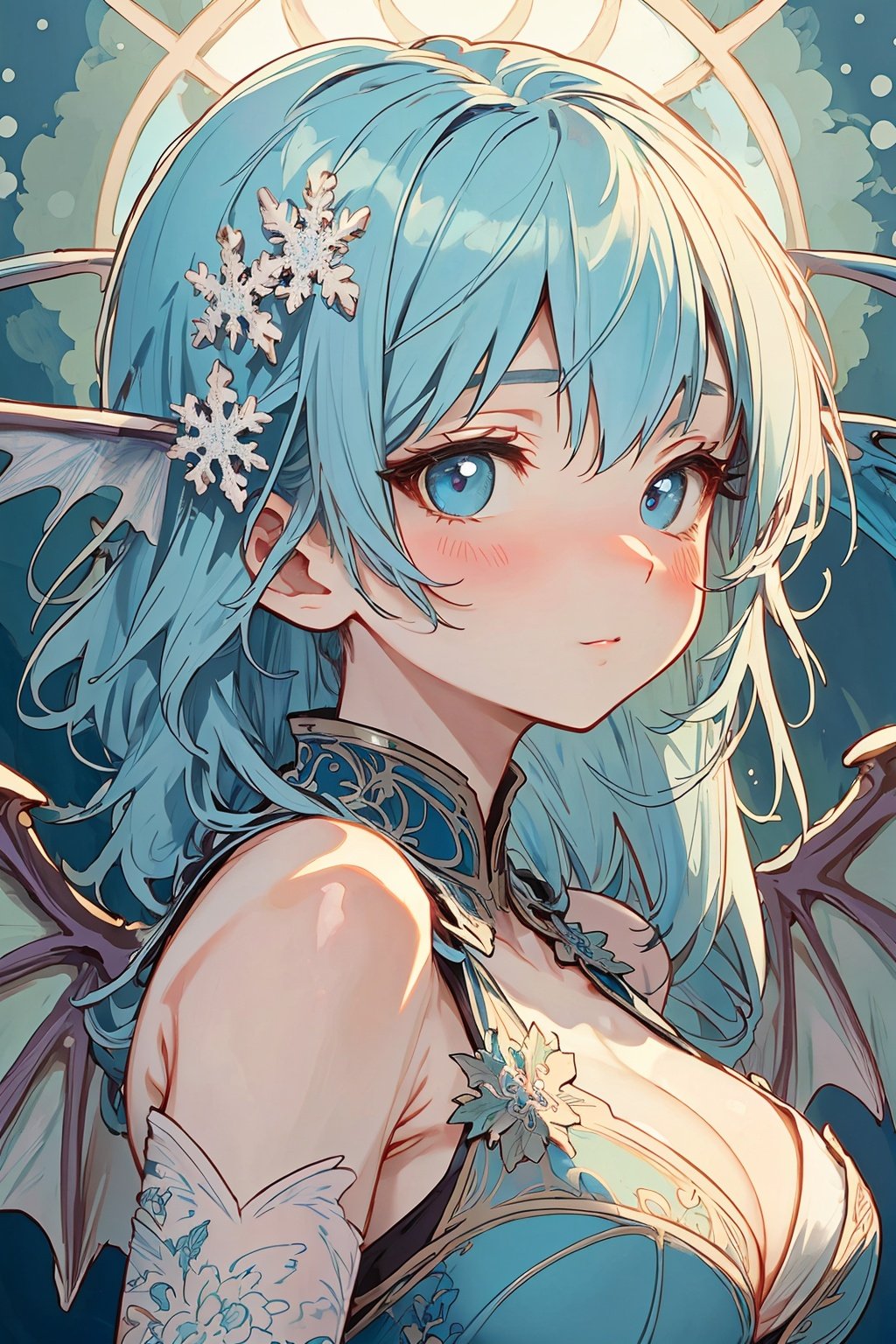 ((best quality)), ((masterpiece)), ((ultra-detailed)), extremely detailed CG, (illustration), ((detailed light)), (an extremely delicate and beautiful), a girl, solo, ((upper body,)), ((cute face)), expressionless, (beautiful detailed eyes), blue dragon eyes, (Vertical pupil:1.2), white hair, shiny hair, colored inner hair, (Dragonwings:1.4), [Armor_dress], blue wings, blue_hair ornament, ice adorns hair, [dragon horn], depth of field, [ice crystal], (snowflake), [loli], [[[[[Jokul]]]]],new_blue_b