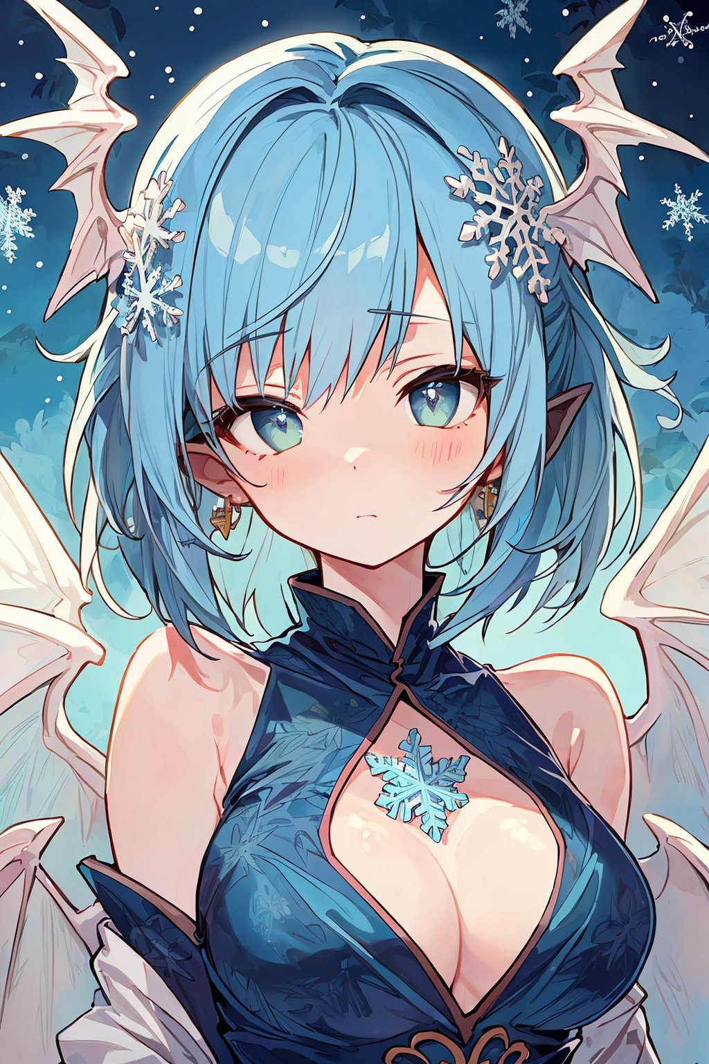 ((best quality)), ((masterpiece)), ((ultra-detailed)), extremely detailed CG, (illustration), ((detailed light)), (an extremely delicate and beautiful), a girl, solo, ((upper body,)), ((cute face)), expressionless, (beautiful detailed eyes), blue dragon eyes, (Vertical pupil:1.2), white hair, shiny hair, colored inner hair, (Dragonwings:1.4), [Armor_dress], blue wings, blue_hair ornament, ice adorns hair, [dragon horn], depth of field, [ice crystal], (snowflake), [loli], [[[[[Jokul]]]]],new_blue_b