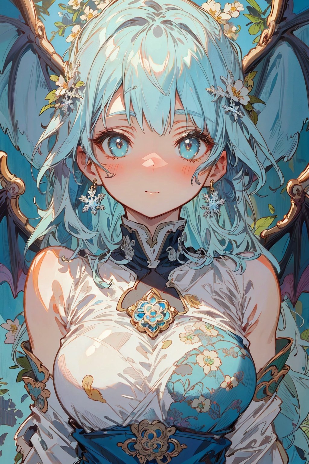 ((best quality)), ((masterpiece)), ((ultra-detailed)), extremely detailed CG, (illustration), ((detailed light)), (an extremely delicate and beautiful), a girl, solo, ((upper body,)), ((cute face)), expressionless, (beautiful detailed eyes), blue dragon eyes, (Vertical pupil:1.2), white hair, shiny hair, colored inner hair, (Dragonwings:1.4), [Armor_dress], blue wings, blue_hair ornament, ice adorns hair, [dragon horn], depth of field, [ice crystal], (snowflake), [loli], [[[[[Jokul]]]]],new_blue_b