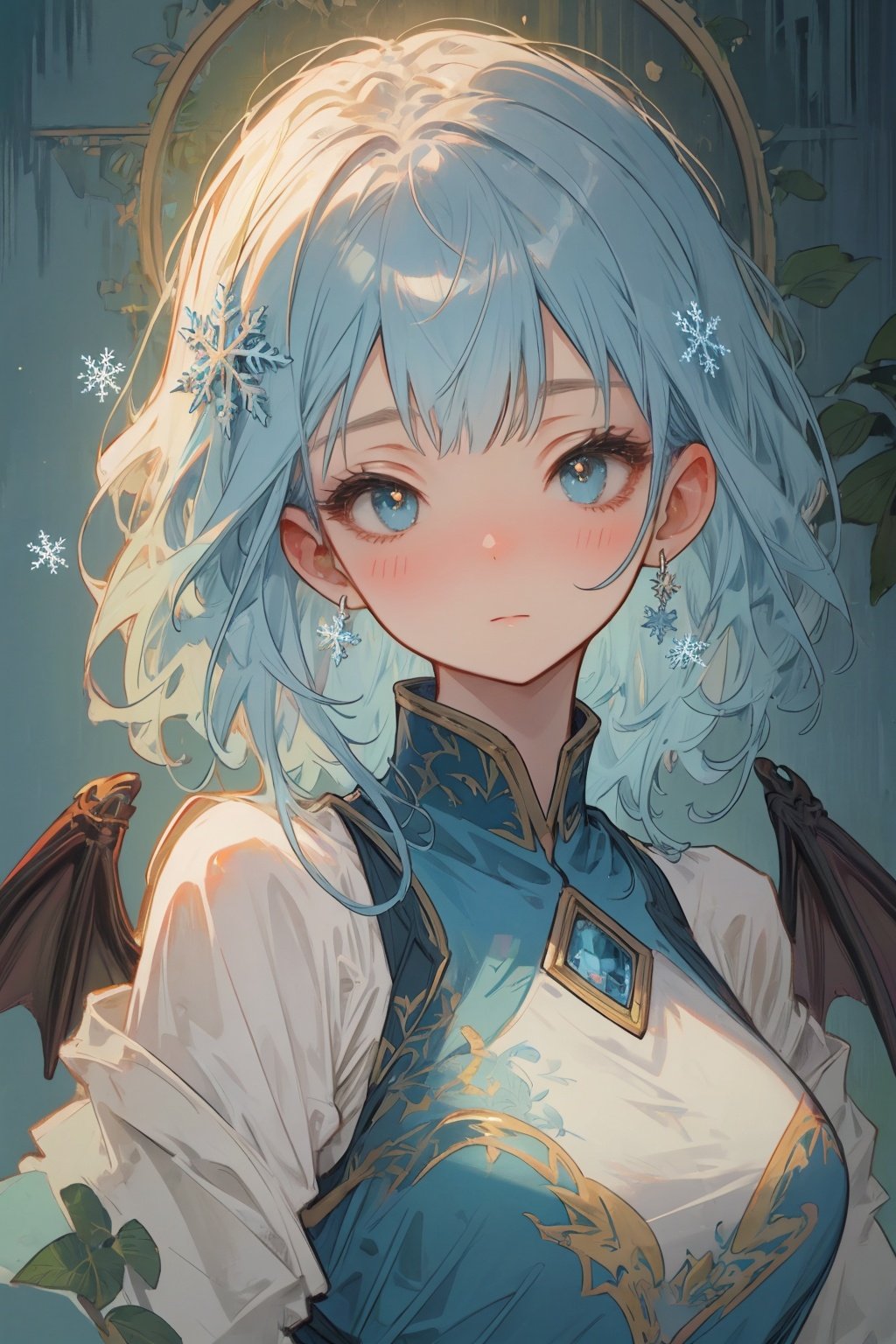 ((best quality)), ((masterpiece)), ((ultra-detailed)), extremely detailed CG, (illustration), ((detailed light)), (an extremely delicate and beautiful), a girl, solo, ((upper body,)), ((cute face)), expressionless, (beautiful detailed eyes), blue dragon eyes, (Vertical pupil:1.2), white hair, shiny hair, colored inner hair, (Dragonwings:1.4), [Armor_dress], blue wings, blue_hair ornament, ice adorns hair, [dragon horn], depth of field, [ice crystal], (snowflake), [loli], [[[[[Jokul]]]]],new_blue_b