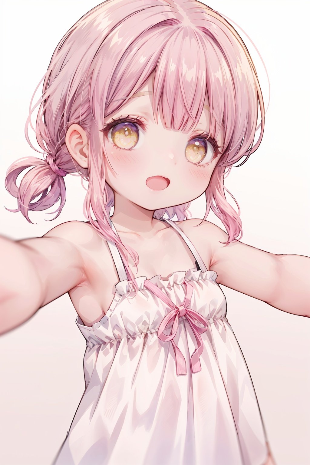 1girl, solo,looking at viewer,collarbone, blush,bare arms, bare shoulders,reaching out,close range, pink hair,yellow eyes,hair over one eye,hair tie,medium hair with long locks, low tied,low ponytail,long locks,solo locks,child,small breasts,bare shoulders,blush,light smile,open mouth, winking, standing,upper body,white background,outstretched arm,