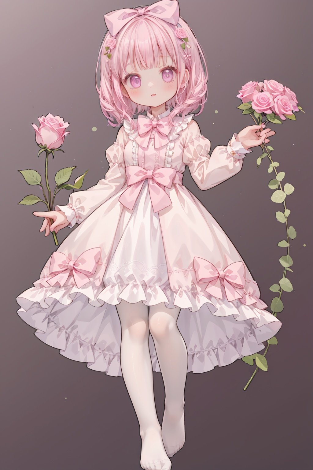 1girl, solo, dress,flower, bow, pantyhose, full body, white dress, looking at viewer,no shoes, pink flower,pink bow,long sleeves, rose, white pantyhose,holding, frills, pink rose, frilled dress, hair ornament, simple background, grass, bowtie, standing, hair bow,