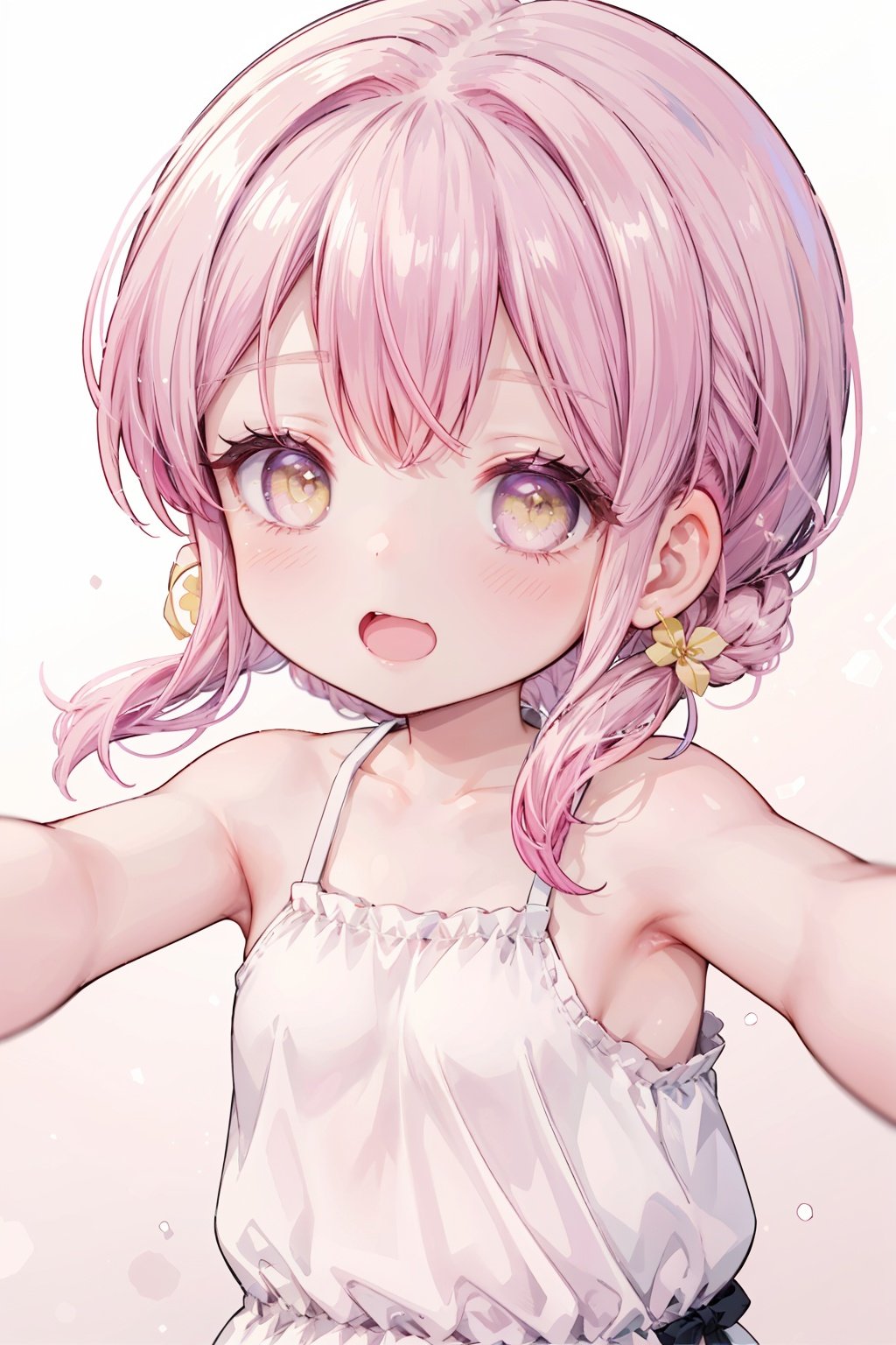 1girl, solo,looking at viewer,collarbone, blush,bare arms, bare shoulders,reaching out,close range, pink hair,yellow eyes,hair over one eye,hair tie,medium hair with long locks, low tied,low ponytail,long locks,solo locks,child,small breasts,bare shoulders,blush,light smile,open mouth, winking, standing,upper body,white background,outstretched arm,