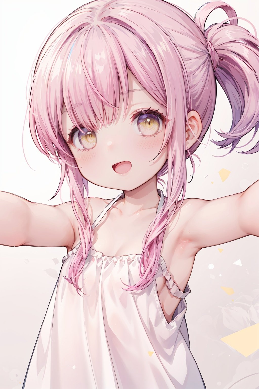 1girl, solo,looking at viewer,collarbone, blush,bare arms, bare shoulders,reaching out,close range, pink hair,yellow eyes,hair over one eye,hair tie,medium hair with long locks, low tied,low ponytail,long locks,solo locks,child,small breasts,bare shoulders,blush,light smile,open mouth, winking, standing,upper body,white background,outstretched arm,no hands