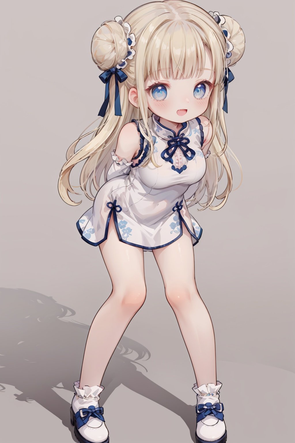 hair ribbon,buns, blonde hair, blue eyes, large breasts,long hair, bangs,looking at viewer, long sleeves, blush, stray hair,smile, open mouth, wink,Simple background china_dress, standing,full_body,arms behind back, leaning forward,bare legs,frill shoes