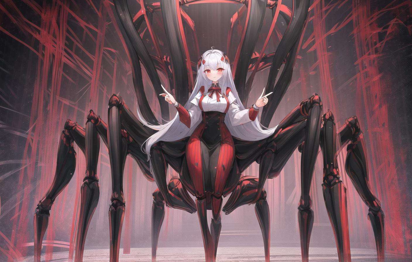 (robotic:1.3), robotic legs, robotic arms, 1girl, (arthropod girl:1.3), (arthropod limbs:1.3), red skirt, large breasts, carapace, elbow gloves, (extra legs:1.2), (high-waist skirt:1.3), long hair, monster girl, multiple legs, partially fingerless gloves, spider girl, original, <lora:spider_girl_v1:1.5>