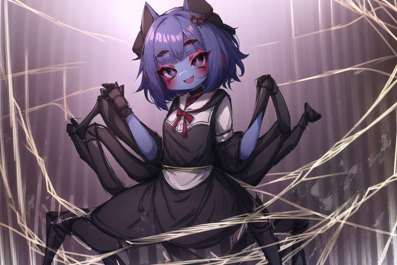 1girl, maid dress, arthropod girl, (arthropod legs:1.4), black sclera, colored sclera, colored skin, extra arms, extra eyes, monster girl, nude, purple skin, silk, smile, spider girl, spider web, dagasi, highres, <lora:spider_girl_v1:1.5>, (spider web:1.4)