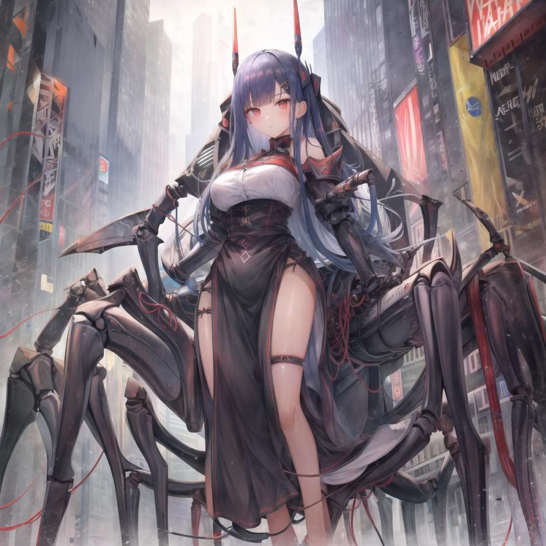 (robotic:1.3), (wrapped in cables and wires:1.5), mechanical, mechanical_parts, actuators, pistons, hydraulics, (large shoulder pads:1.3), (crossed_arms:1.3), robotic legs, robotic arms, 1girl, (arthropod girl:1.4), (arthropod limbs:1.4), large breasts, carapace, (extra legs:1.2), (high-waist skirt:1.3), long hair, monster girl, multiple legs, (spider girl:1.3), original, <lora:spider_girl_v1:1.5>, mecha_musume, robot arms