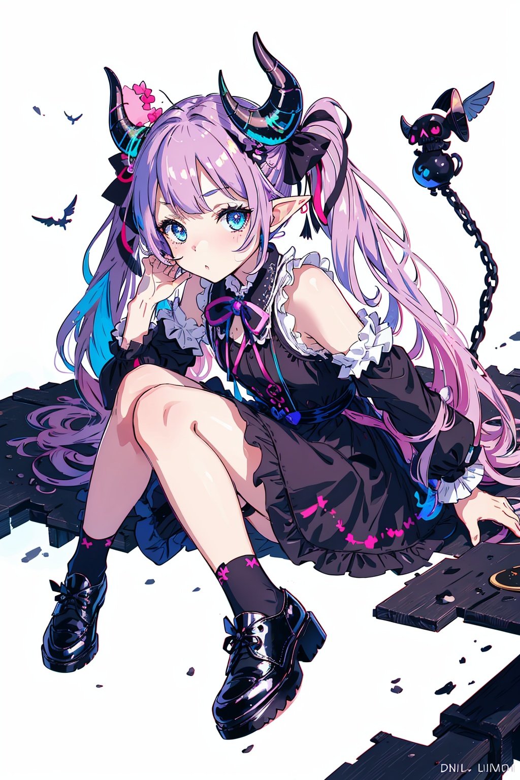 ((minialist lines)), (ultra-detailed), (illustration), an extremely delicate and beautiful, dynamic angle, chromatic aberration,((Medium shot)), ((colorful)),//,little girl,1girl,loli,petite,black dress,lolita,pink shoes,blue eyes,dark purple hair,long hair,Dead skin,Shiny skin,small breast,ringlet twin tail,(Skull headwear,Demon tail,Demon horn,elf,hair ribbon),despair,The crows were feeding on the rotting carcass,table,hell,Beelzebub,dark,night,(moon:1.02),star,meteor,milky way,32k,高清,machinery