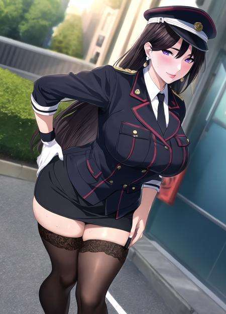 (masterpiece, best quality:1.3), colorful, vibrant, highly detailed, hentai, 4K,Kurotaki Rin, 1girl, Standing straight with hands clasped behind, sunny weather, golden hour, (blush:1.1), (sweat:1.1), horny smile, flirting glance, full body shot,black hair, very long hair, lipstick, makeup, eyeshadow, ultra detailed hair, detailed face, violet eyes, complex realistic perfect eyes, perfect face, earrings, jewelry,black military uniform, pencil skirt, (white shirt:1.1), armband, necktie, cap, pink thighhighs, court shoes,(mature female, 30yo:1.1), covered breasts, milf, breasts,<lora:goodhandsBeta2.L2r5:1>  <lora:Kurotaki-000009:0.8>