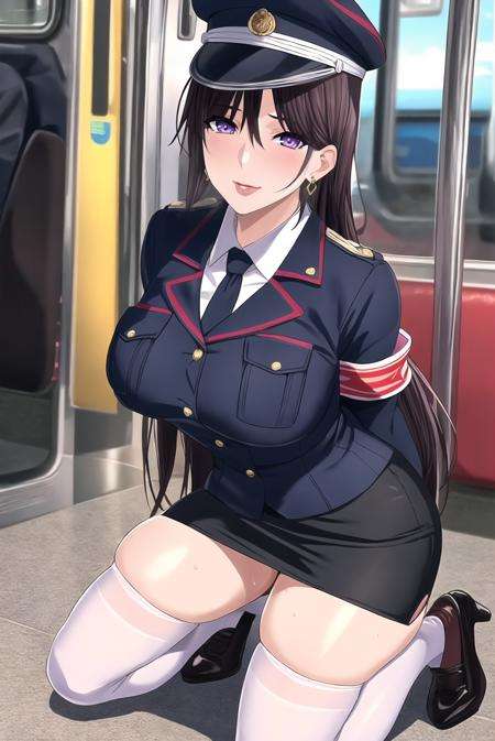 (masterpiece, best quality:1.3), colorful, vibrant, highly detailed, hentai, 4K, Kurotaki Rin, 1girl, Kneeling with one hand on the heart, sunny weather, train interior, golden hour, (blush:1.1), (sweat:1.1), horny smile, flirting glance, full body shot, black hair, very long hair, lipstick, makeup, eyeshadow, ultra detailed hair, detailed face, violet eyes, complex realistic perfect eyes, perfect face, earrings, jewelry, black military uniform, pencil skirt, (white shirt:1.1), armband, necktie, cap, pink thighhighs, pink court shoes, (mature female, 30yo:1.1), covered breasts, milf, breasts, <lora:goodhandsBeta2.L2r5:1>  <lora:Kurotaki-000009:0.85>, 