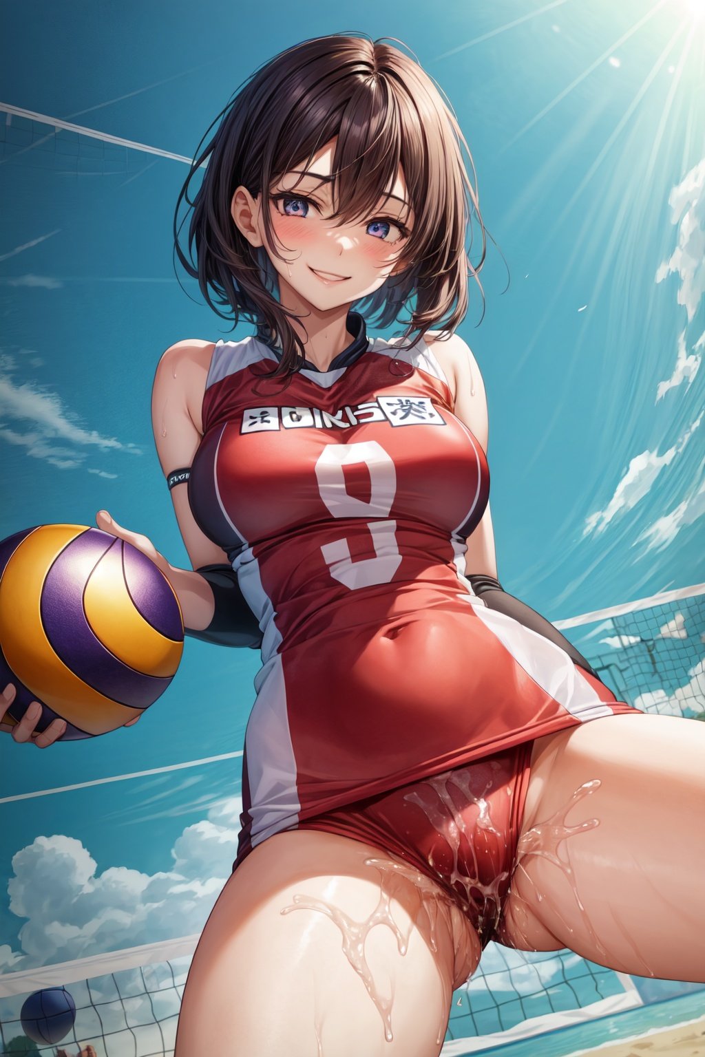 1girl,solo,narrow_waist, thighs,perfect face,spread_legs,pussy_juice,watery_eyes,volleyball uniform,smile, <lora:EMS-179-EMS:0.7>, <lora:EMS-3840-EMS:0.8>