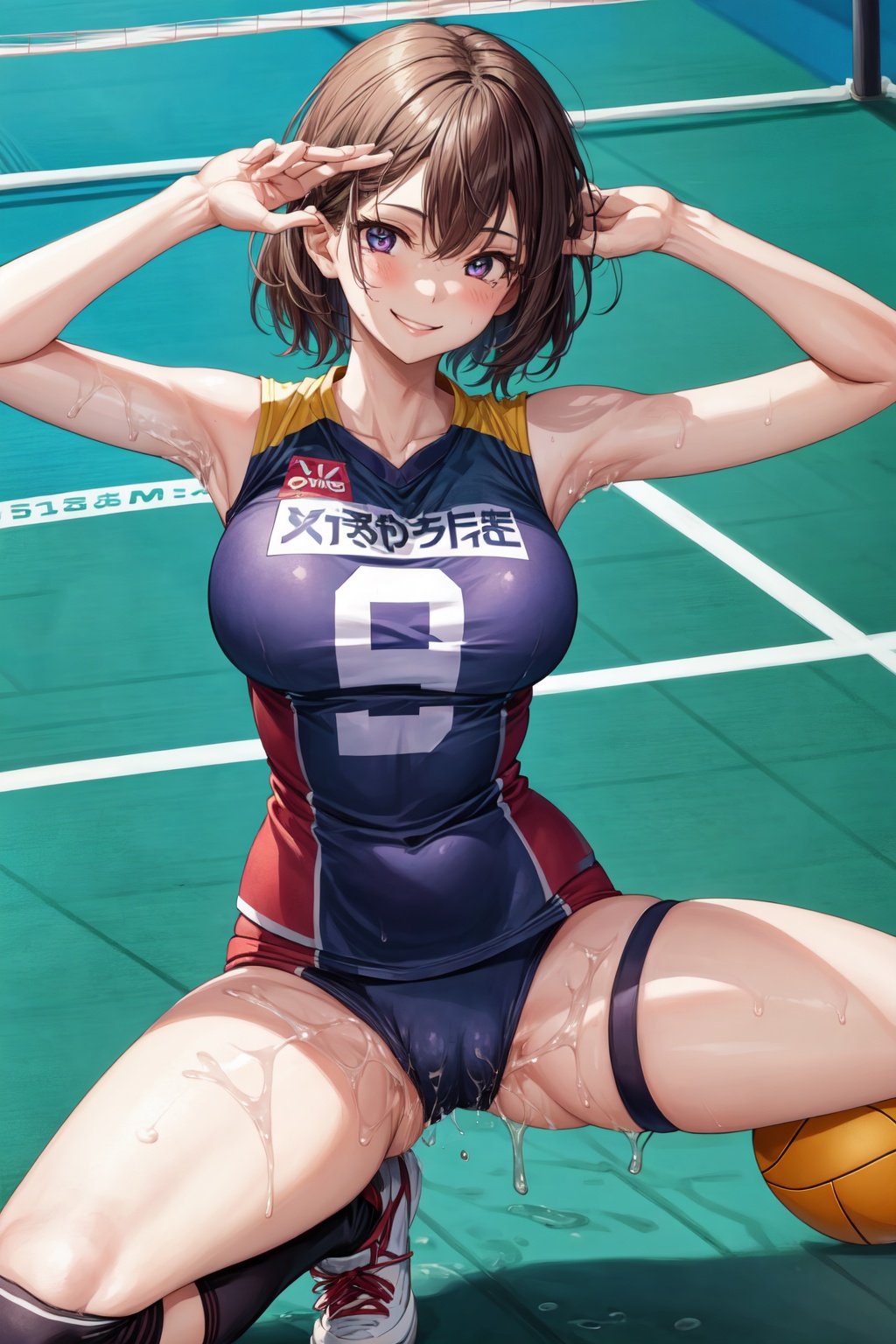 1girl,solo,narrow_waist, thighs,perfect face,spread_legs,pussy_juice,watery_eyes,volleyball uniform,smile, <lora:EMS-179-EMS:0.7>, <lora:EMS-3840-EMS:0.8>