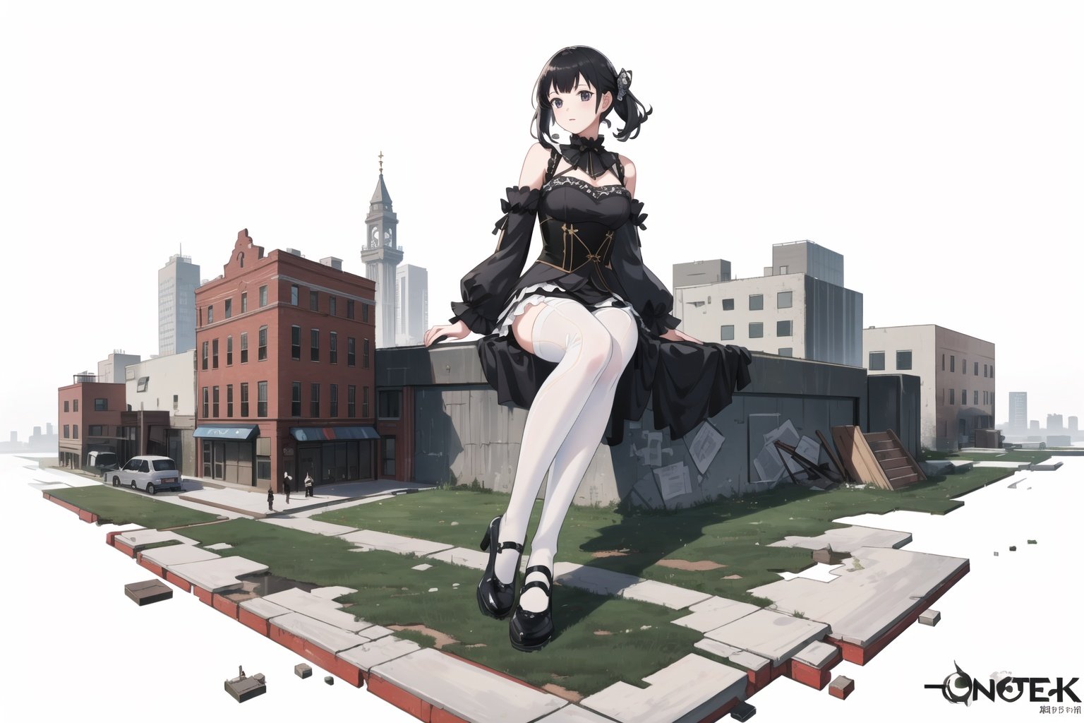 [(white background:1.5), ::5],original, masterpiece, illustration, extremely fine and beautiful, (perfect details), (unity CG 8K wallpaper:1.05), (ray tracing), ((solo focus)),(GTS:1.2),(giantess:1.3), (Sitting on Building) ,((elegant)),((City Ruins)),(Lolita clothing),(Fine stockings), <lora:EMS-3853-EMS:0.7>, <lora:EMS-3272-EMS:0.3>, <lora:EMS-3849-EMS:1>