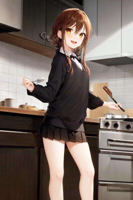 masterpiece, best quality, horikyouko, 1girl, high school girl, uniform, side braids, bare legs, full body, black skirt, black jacket, ((manga style)), smile, open mouth, teeth, cooking,