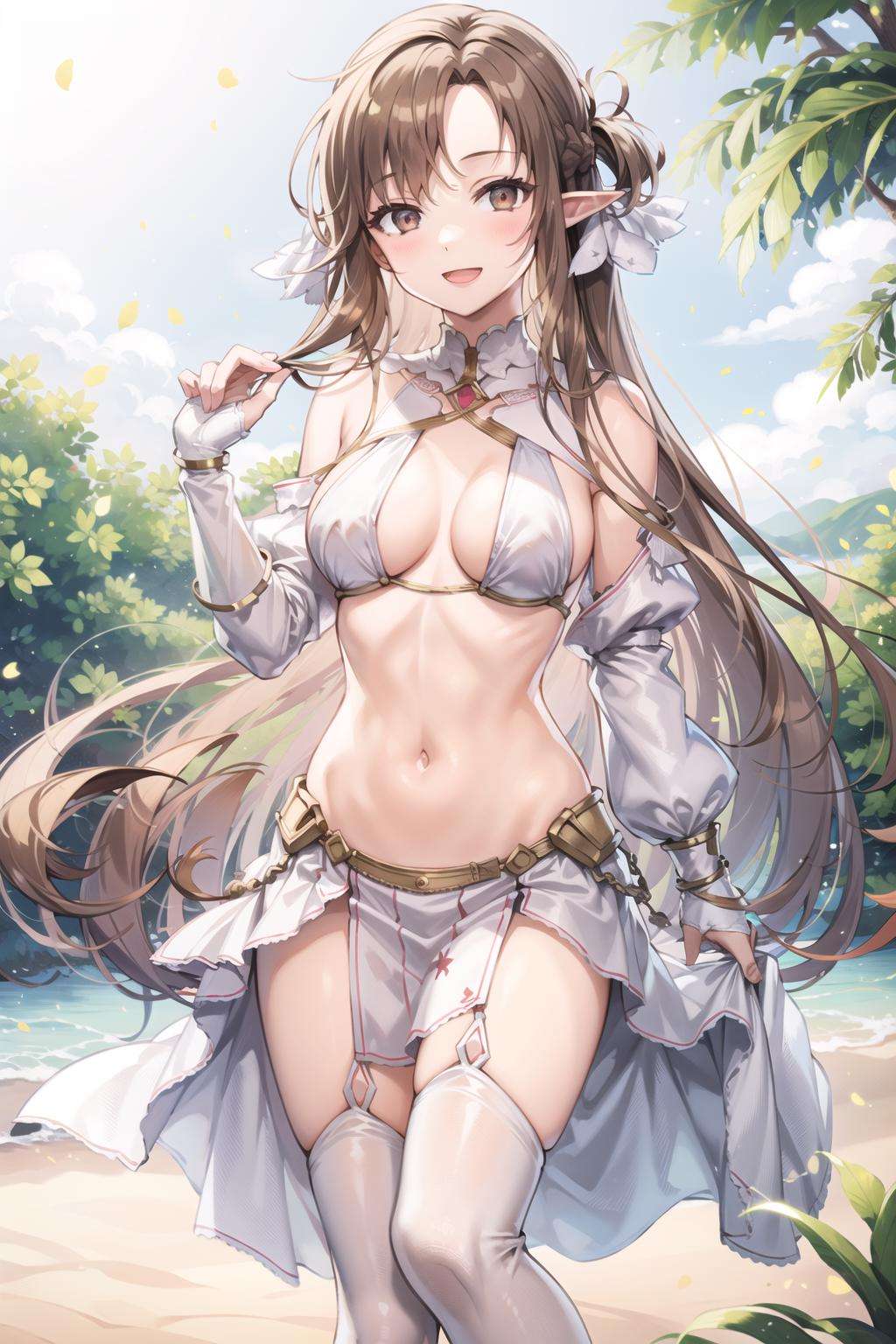 1girl, solo, long hair, breasts, looking at viewer, smile, open mouth, bangs ,detailed eyes, beautiful background, outdoors,  brown hair, thighhighs, brown eyes, very long hair, standing, <lora:asuna_(stacia)-000007:0.46>, BREAK ((elf)), bikini,  full body,   <lora:CostumeElfOutfitElfBikini_v2White:1>