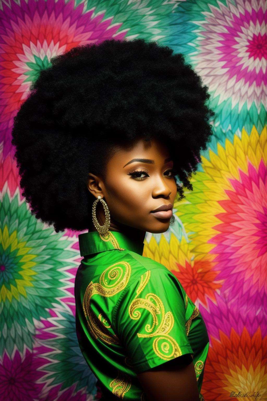 a beautiful 25 year old Nigerian woman wearing a paisley shirt,  by BlacklightForestStyle by BRASILEIRO ALIEN on Tensor.Art