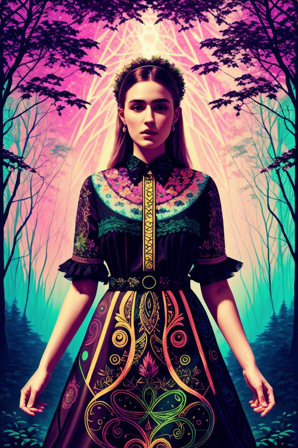 BlacklightForestStyle cover art,  illustration,  psychedelic portrait of a beautiful woman wearing a paisley dress by BRAS...