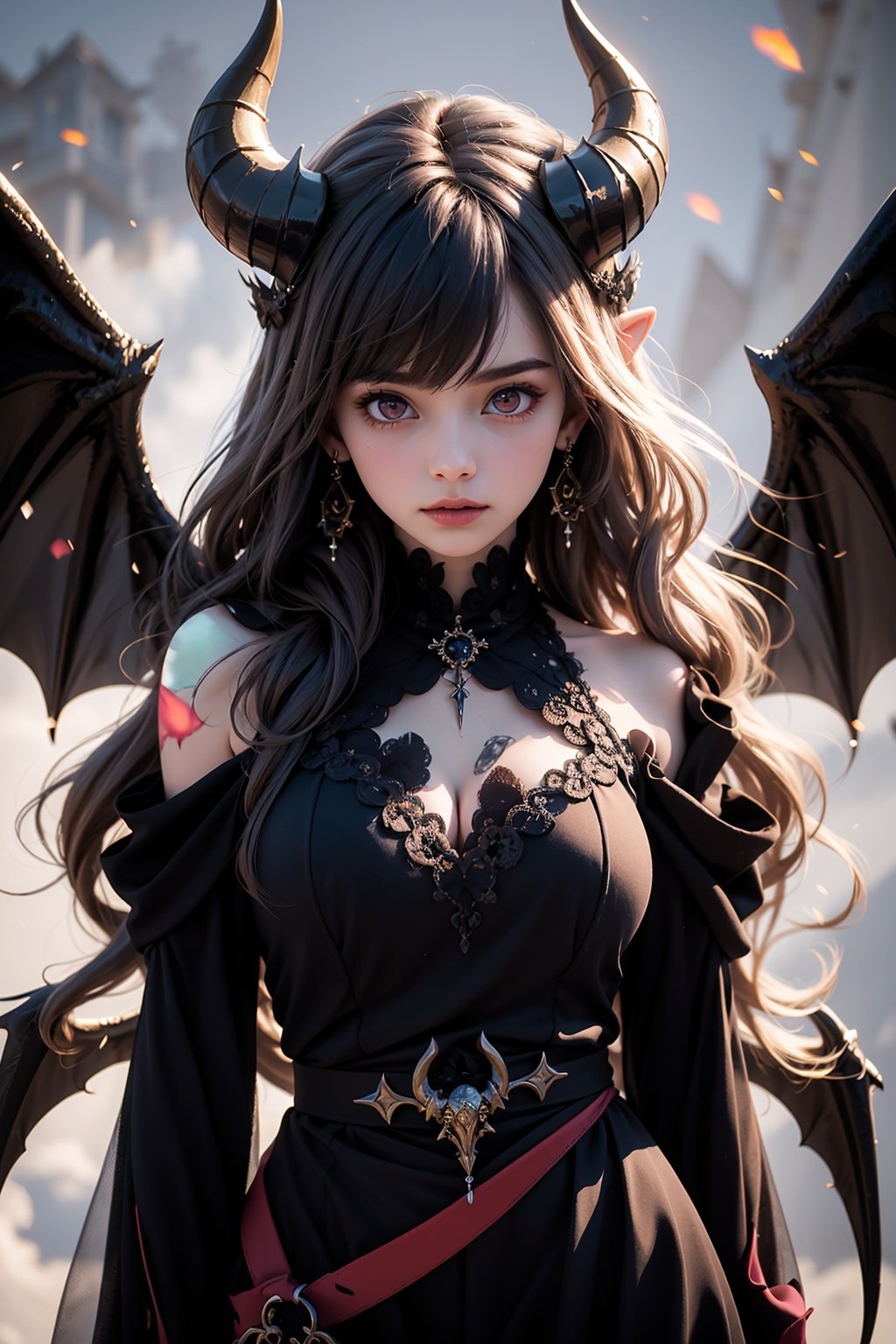 1girl,solo,The whole body,long hair,breasts,chase,Chase the audience,blush,bangs,large breasts,dress,cleavage,bare shoulders,jewelry,very long_hair,earrings,detached sleeves,wings,horns,pointy ears,pink eyes,grey background,black dress,demon girl,demon horns,demon wings,cinematic lighting,strong contrast,high level of detail,Best quality,masterpiece,White background,<lora:Devil_angel:0.5>,