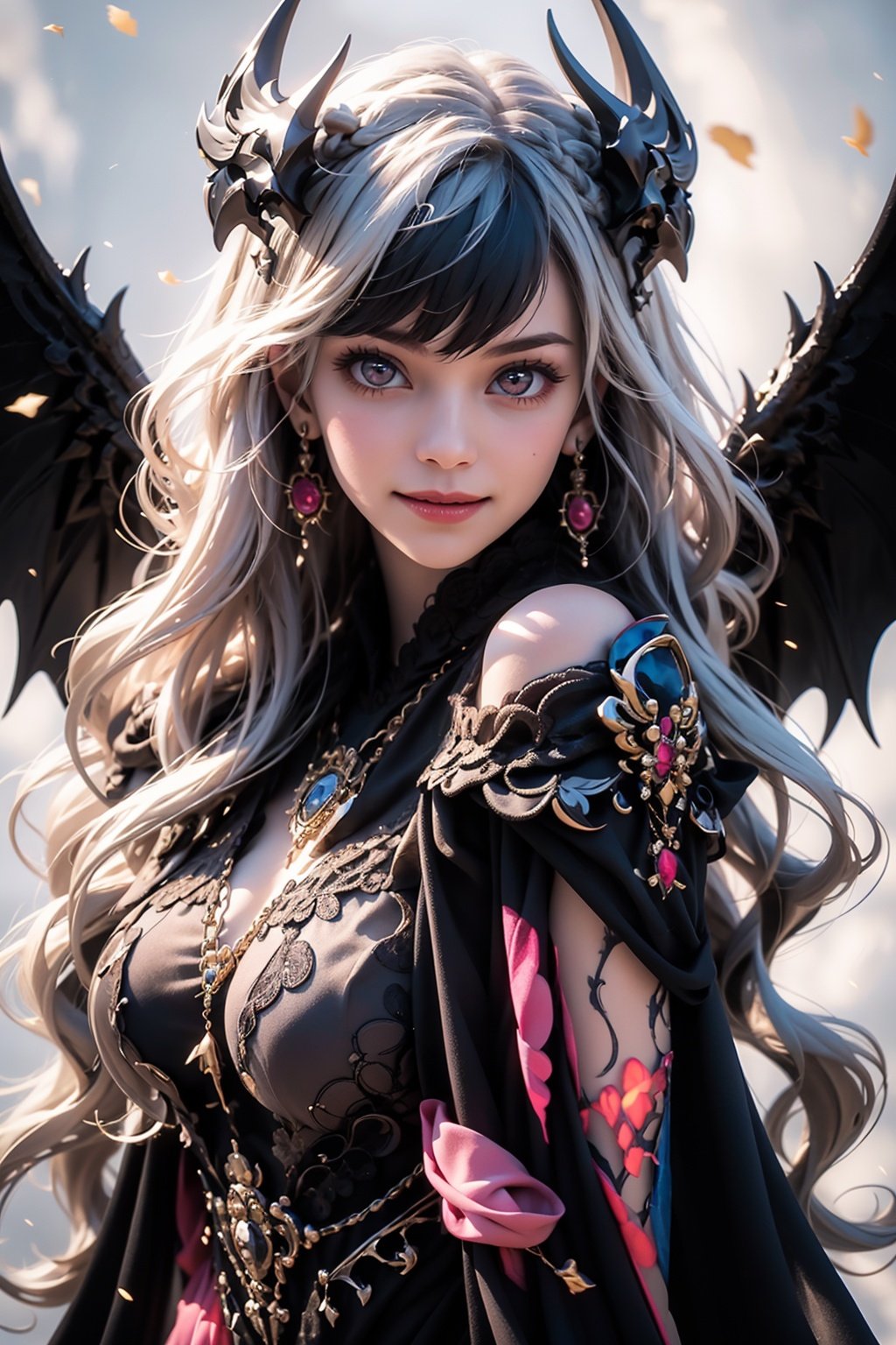 bj_Devil_angel,1girl,solo,long hair,breasts,looking at viewer,smile,dress,bare_shoulders,jewelry,closed_mouth,upper body,white hair,earrings,detached sleeves,wings,hand up,pink eyes,lips,wavy hair,ring,cinematic lighting,strong contrast,high level of detail,Best quality,masterpiece,White background,<lora:Devil_angel-000018:0.7>,