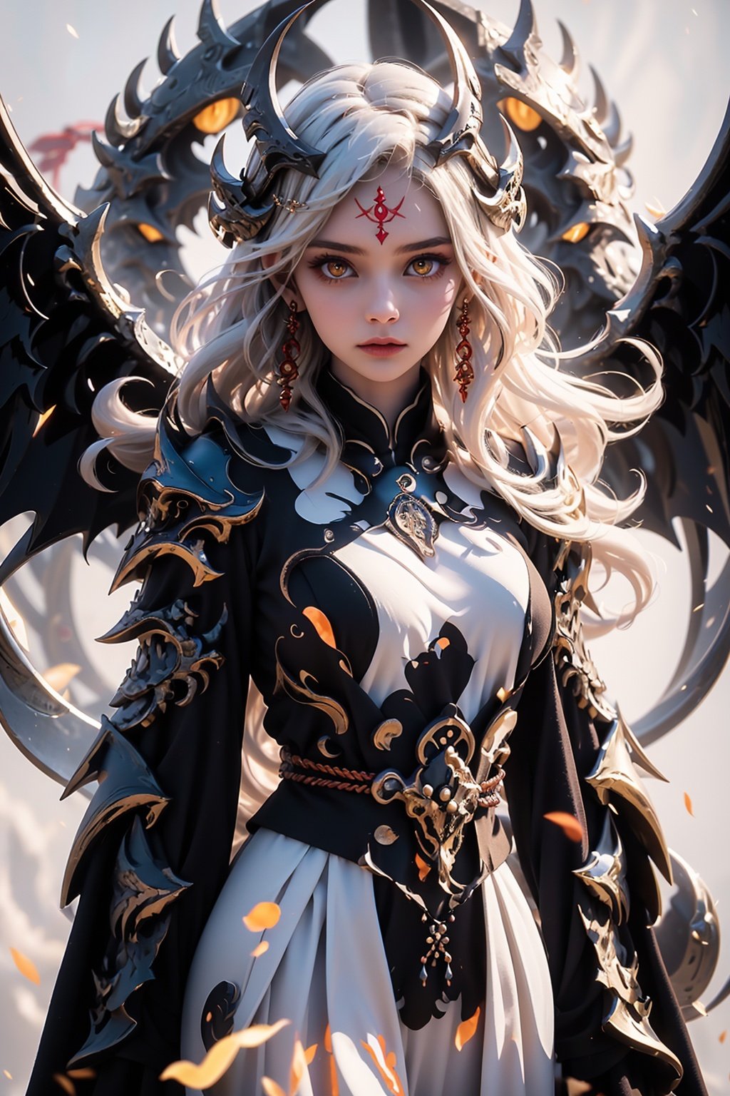 bj_Devil_angel, 1girl, solo, long hair, breasts, looking at_viewer, hair ornament, dress, jewelry, closed mouth, upper body, white hair, earrings, wings, white dress, armor, orange eyes, tassel, forehead mark，cinematic lighting,strong contrast,high level of detail,Best quality,masterpiece,White background,<lora:Devil_angel:0.7>,