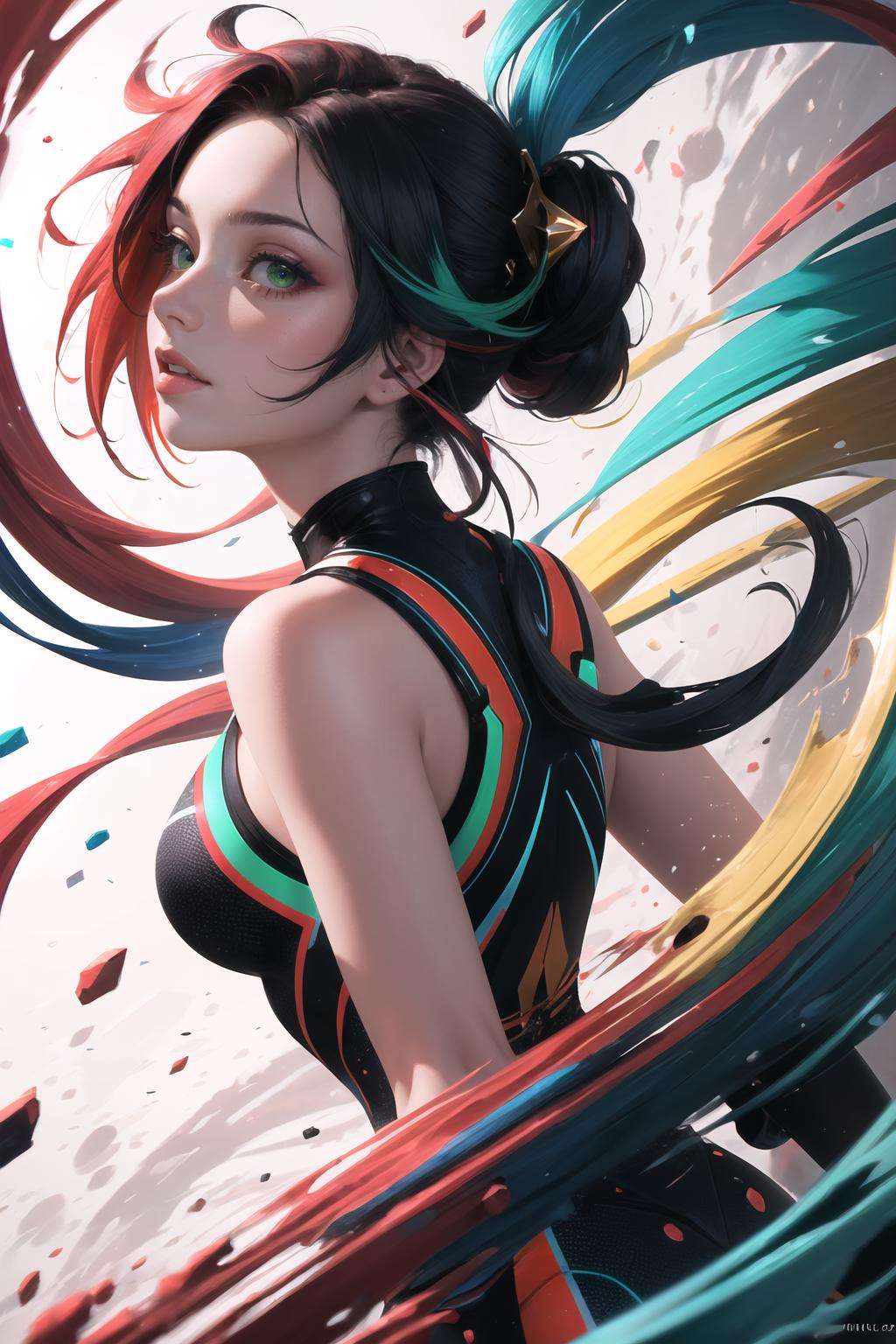 (masterpiece, best quality, 1girl, solo, intricate details, chromatic aberration), Combine vibrant splashes of red, blue, yellow, and green, with swirling motions and color leaks to create an explosive and chaotic effect, 