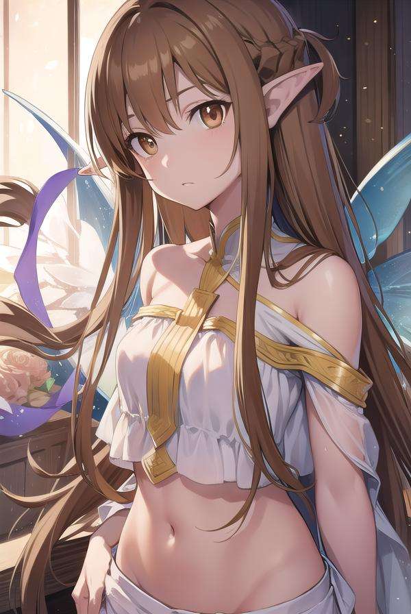 asunayuuki, <lora:asunayuukitest:1>, asuna yuuki, long hair, brown hair, (brown eyes:2),BREAK navel, bare shoulders, wings, barefoot, pointy ears, midriff, elf, long legs, fairy wings,BREAK indoors, bed, bedroom,BREAK looking at viewer, BREAK <lora:GoodHands-vanilla:1>, (masterpiece:1.2), best quality, high resolution, unity 8k wallpaper, (illustration:0.8), (beautiful detailed eyes:1.6), extremely detailed face, perfect lighting, extremely detailed CG, (perfect hands, perfect anatomy),