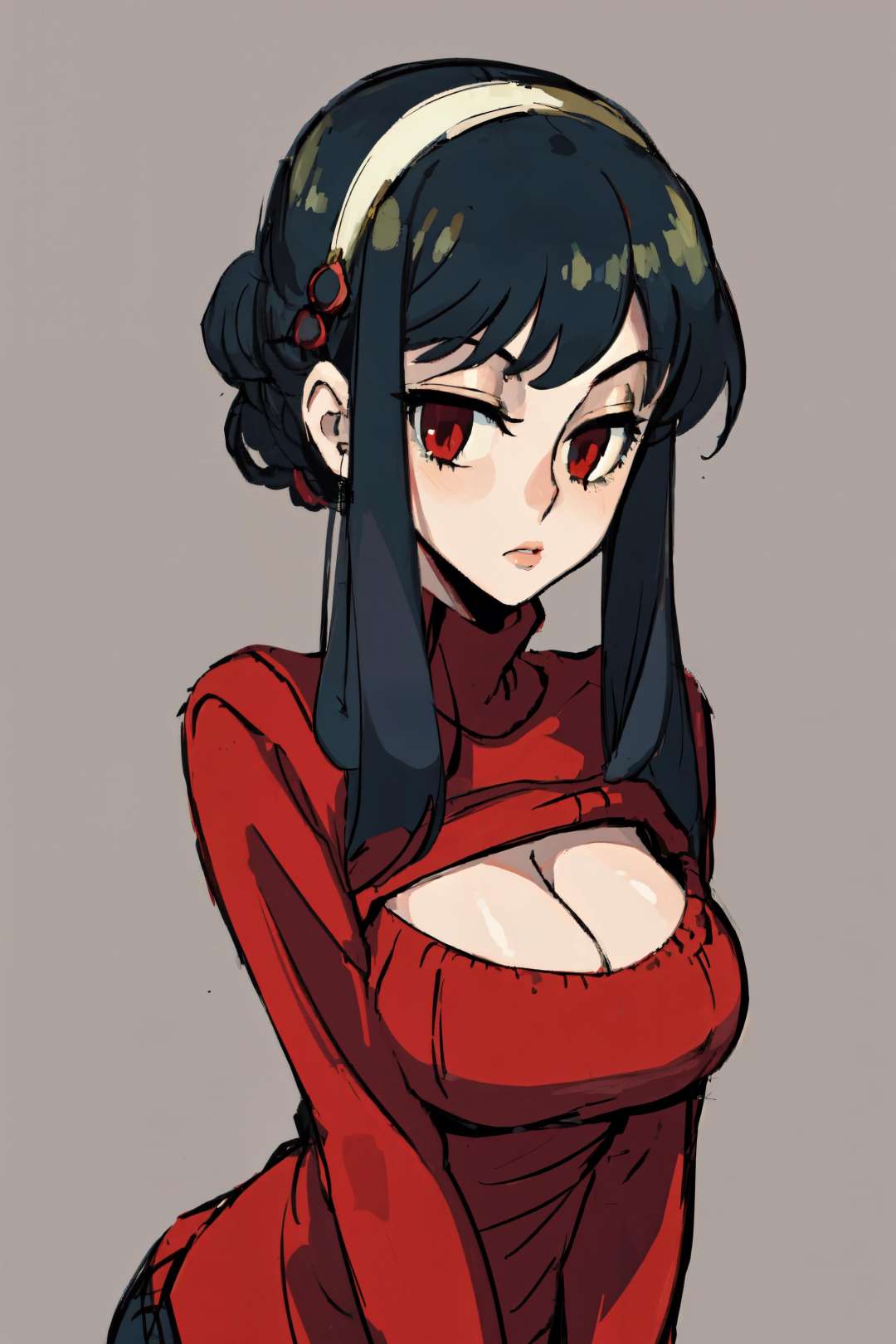 (best quality, masterpiece:1.3), (perfect details:1.1), 1girl, solo, simple background, , large breasts, <lora:skullgirls-4mix:0.65>, <lora:yor4:0.65>, yor briar, long hair, straight hair, red sweater, 