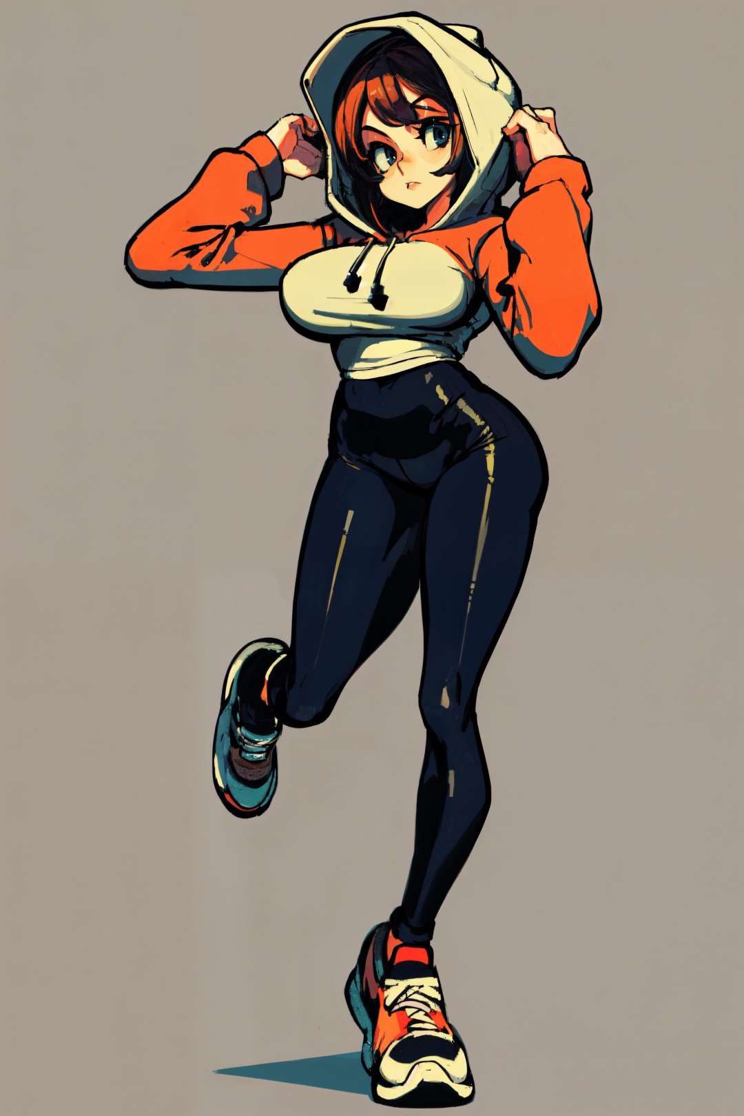 (best quality, masterpiece:1.3), (perfect details:1.1), 1girl, solo, simple background, , large breasts, <lora:skullgirls-4mix:0.65>, short hair, yoga pants, leggings, hoodie, wide hips, thick thighs, narrow waist, skinny, full body, standing, shoes, 