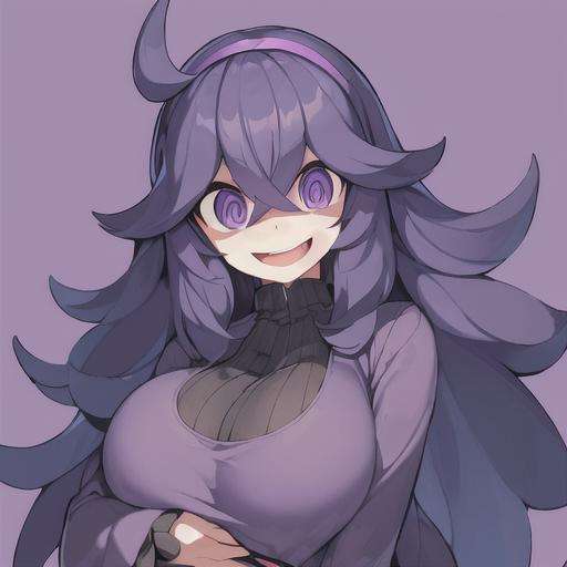 occult,long hair,ahoge,hairband,@ @,1girl,purple hairband,dress,messy hair,smile,breasts,hair between eyes,looking at viewer,solo,bangs,purple hair,alternate breast size,open mouth,purple eyes,simple background,long sleeves,occult　mania girl,<lora:occult　mania01:1>