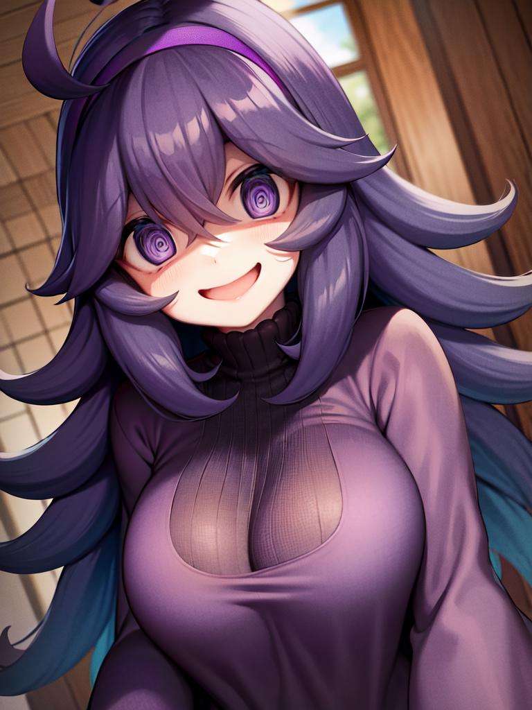 masterpiece, best quality, large breasts,  <lora:Hex Maniac01:1>, occult,long hair,ahoge,hairband,@ @,1girl,purple hairband,dress,messy hair,smile,breasts,hair between eyes,looking at viewer,solo,bangs,purple hair,alternate breast size,open mouth,purple eyes,long sleeves,occult mania girl,