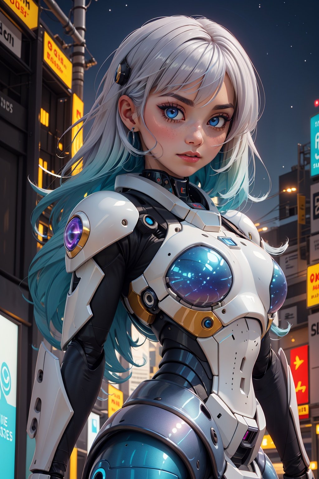 best quality,extremely detailed,detailed background,anime,a young beautiful girl,very long rainbow hair,(close shot),extremely detailed face,an extremely delicate and beautiful mecha girl,extremely detailed eyes,(floating silver grey hair),(Iridescence and rainbow hair),(gradient color mecha clothes),(black and blue and purple mecha clothes),Iridescence and rainbow mecha,（bodysuit：0.8）,(cyberpunk),((scifi)),((sci-fi)),night,space,horizon,beautiful detailed starry sky,top of the city,(dynamic posture),solo focus,close up,depth of field,bokeh,cinematic lighting,atmospheric lighting,science fiction,close up shot,close-up photo,(close to the camera),close to the lens,(close to the viewer)