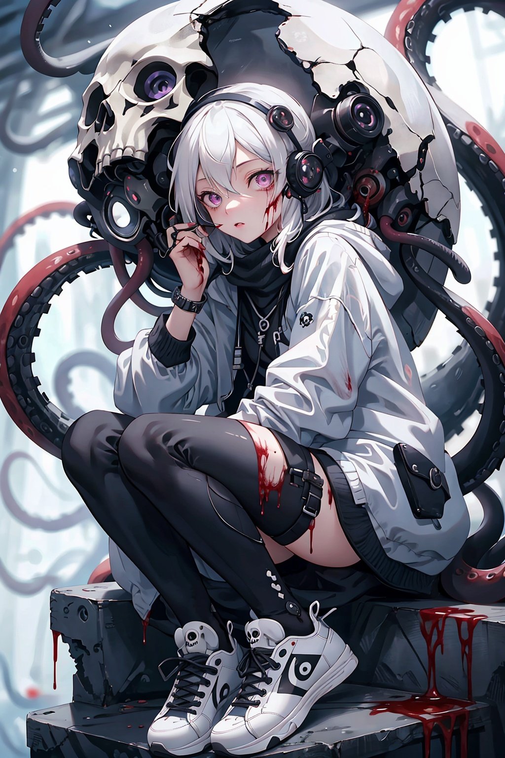 masterpiece,best_quality,concept_art,1girl,solo,loli,Necromancer,white_hair,long_jacket,purple_eyes,purple_liquid,wand,partly_bangs,hair_between_eyes,sneakers,black_legwear,((tentacles,skull,nightmare,flouting_eyeballs,blood)),blue_zhangyu