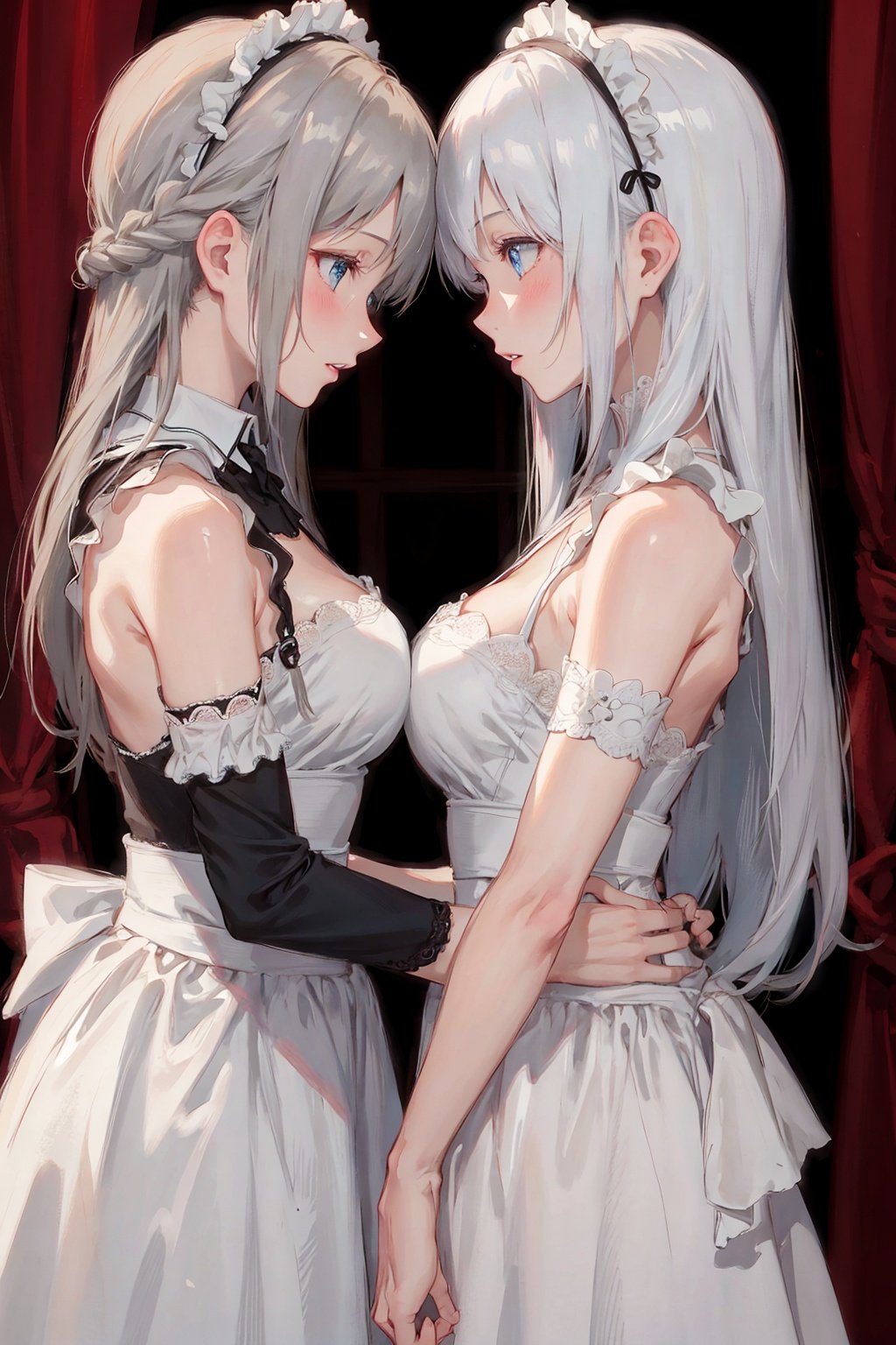 multiple_girls,2girls,yuri,braid,blue_eyes,eye_contact,maid_headdress,bare_shoulders,dress,looking_at_another,breasts,long_hair,maid,silver_hair,white_dress