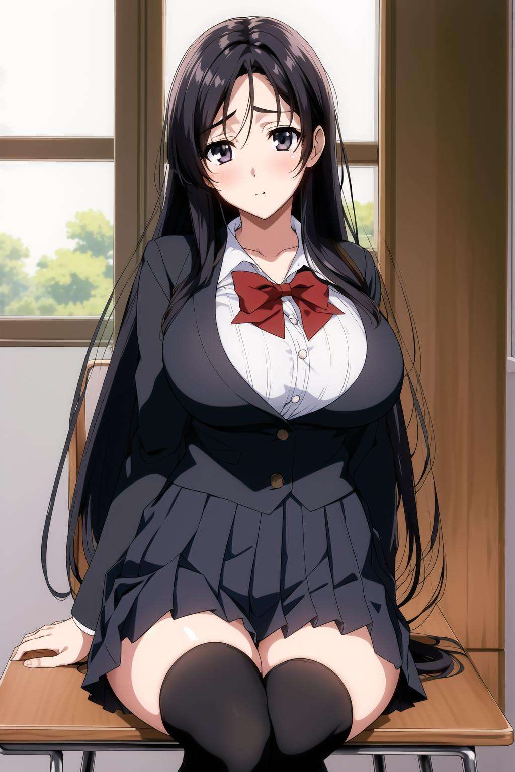 地点：(day:1.6),st the school, in the classroom,动作：sitting at attention,sitting on the school chair, 服饰：red_bowtie, school_uniform, shirt,long_sleeves, pleated_skirt,Black_jacket,thighhighs, black_legwear,角色：<lora:KotonohaKatsura-V2:0.7>, <lora:chracterYukino_v10:0.1>,<lora:odaNonStyleLORA_v2:0.2>, oda Non,头发：Black_long_hair,Black_eyes,parted bangs, 角色鎖定：1 girl,Solo, Manga,20yo,mature female,Beautiful Finger,Beautiful long legs,Beautiful body,Beautiful Nose,Beautiful character design, perfect eyes, perfect face,眼神表情：looking at viewer,(Closed_mouth:1.1),(light_smile:0.5),畫質:official art,extremely detailed CG unity 8k wallpaper, perfect lighting,Colorful, Bright_Front_face_Lighting,(masterpiece:1.0),(best_quality:1.0), ultra high res,4K,ultra-detailed,photography, 8K, HDR, highres, absurdres:1.2, Kodak portra 400, film grain, blurry background, bokeh:1.2, lens flare, (vibrant_color:1.2)身材:(Beautiful,large_Breasts:1.4), (beautiful_face:1.5),(narrow_waist),  